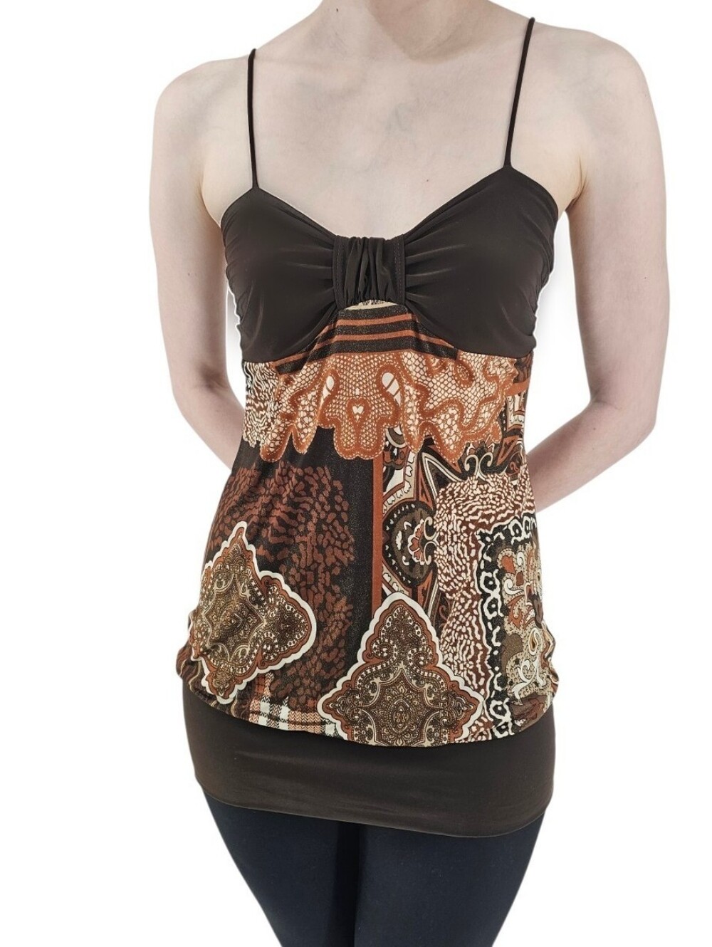 Vintage Y2K Izzy Brown Patchwork Paisley Cami Longline Boho Tank Top